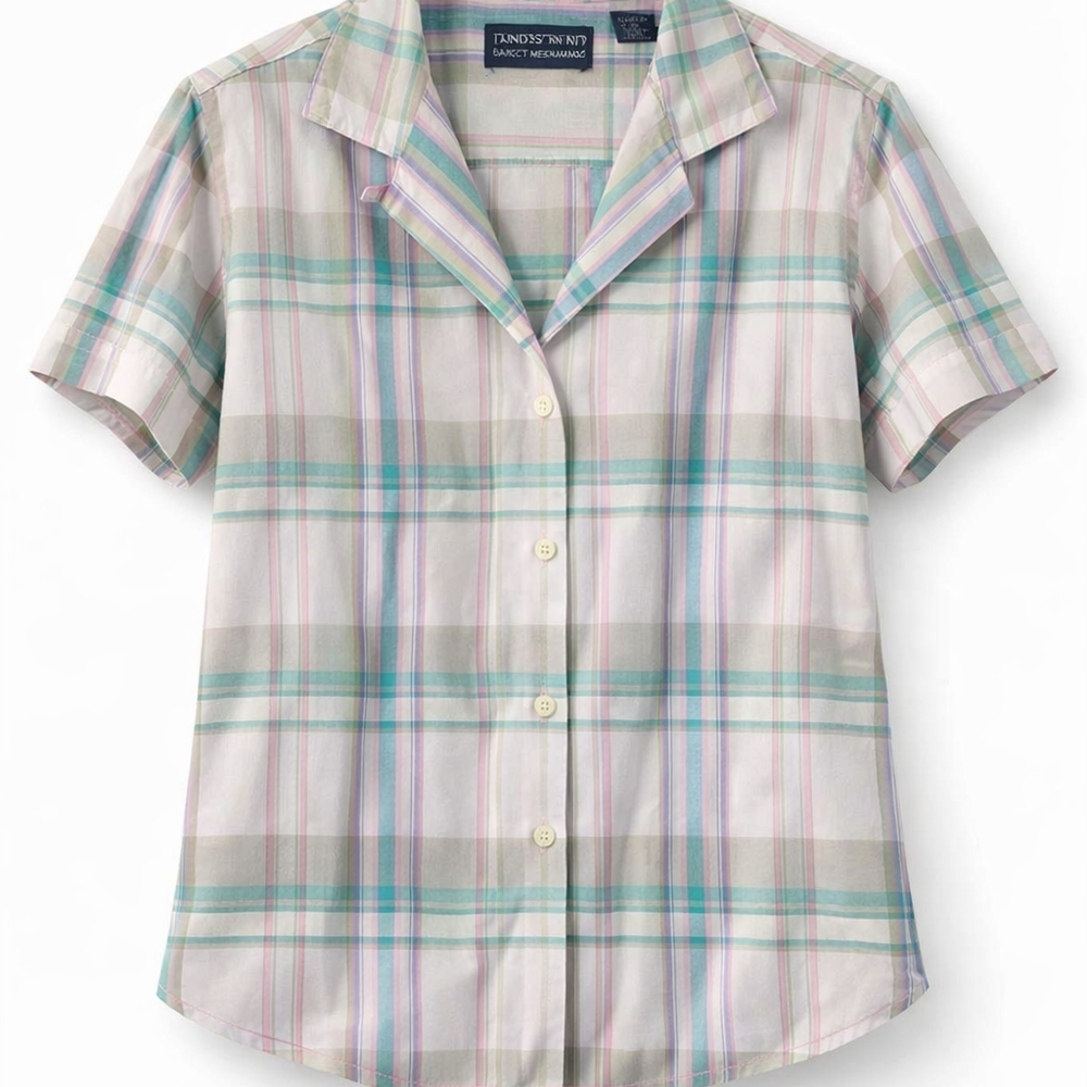 Lands’ End Women’s Pastel Plaid Short Sleeve Button Front Blouse 14 Cotton